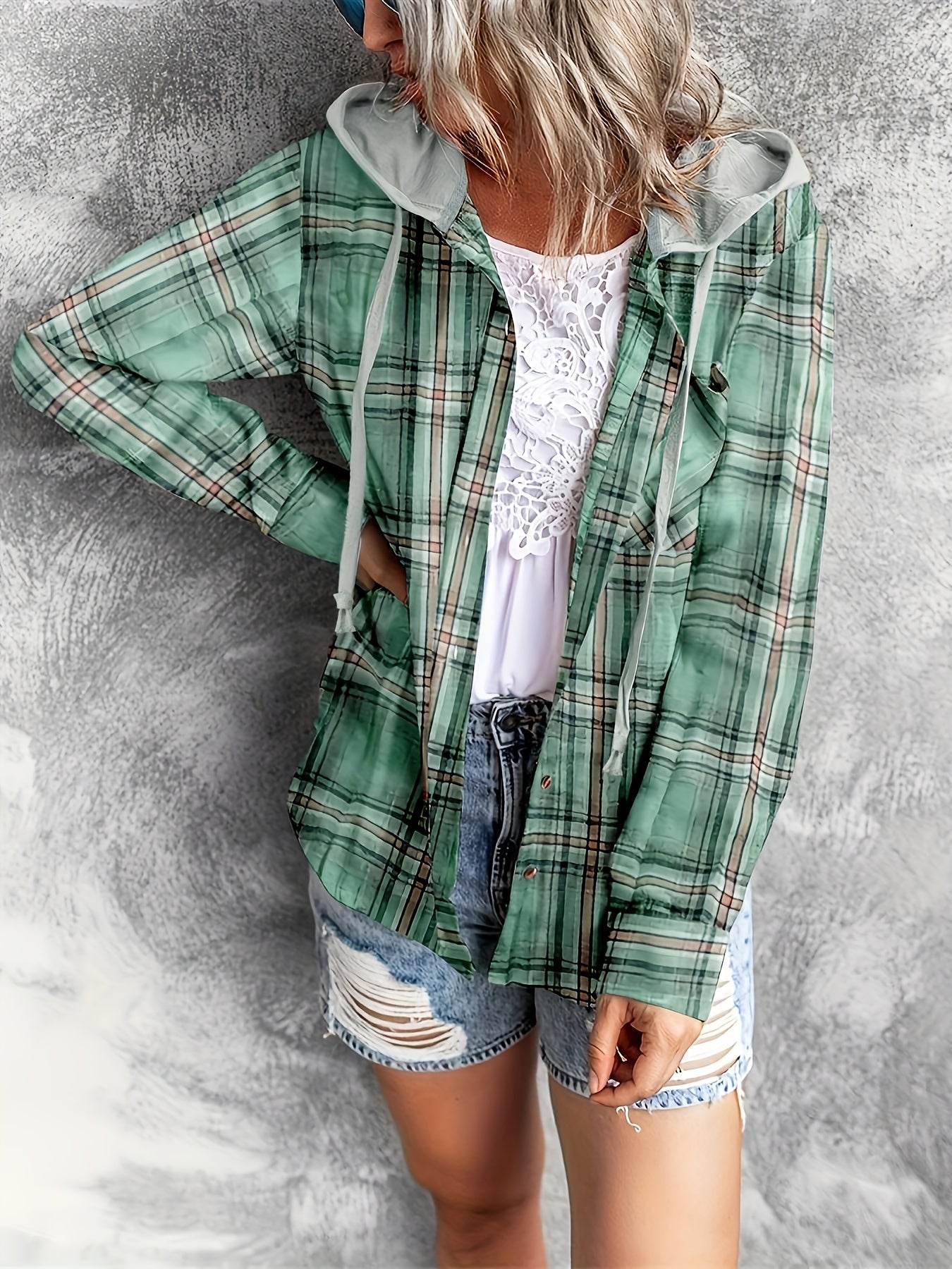 Plaid Print Hooded Shirt, Casual Long Sleeve Drawstring Shirt, Women's Clothing