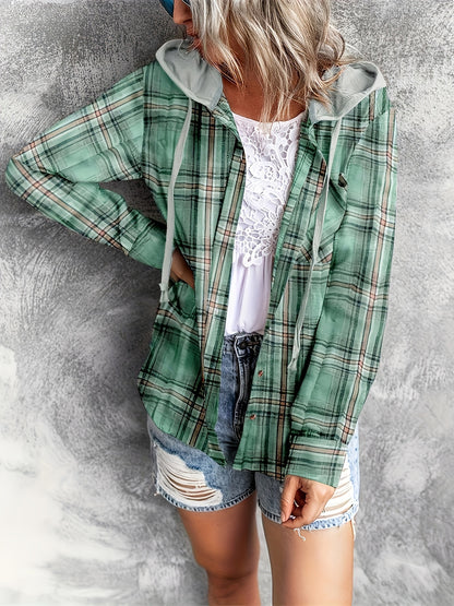 Plaid Print Hooded Shirt, Casual Long Sleeve Drawstring Shirt, Women's Clothing