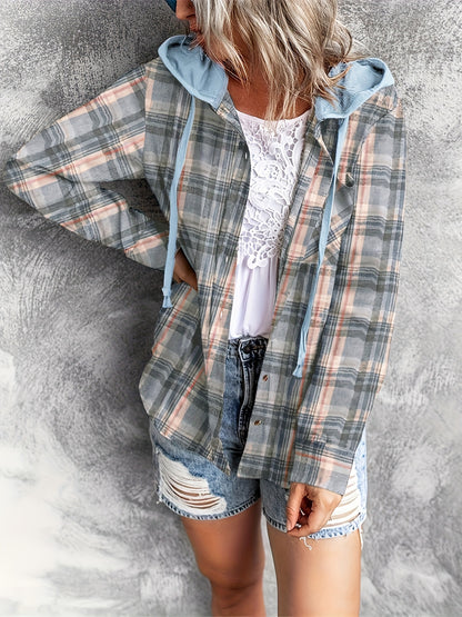 Plaid Print Hooded Shirt, Casual Long Sleeve Drawstring Shirt, Women's Clothing