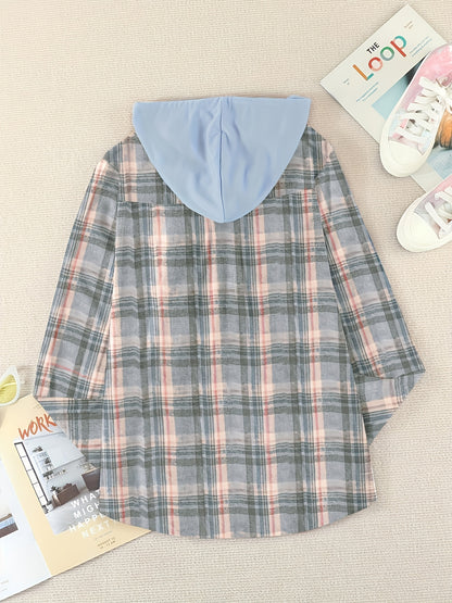 Plaid Print Hooded Shirt, Casual Long Sleeve Drawstring Shirt, Women's Clothing