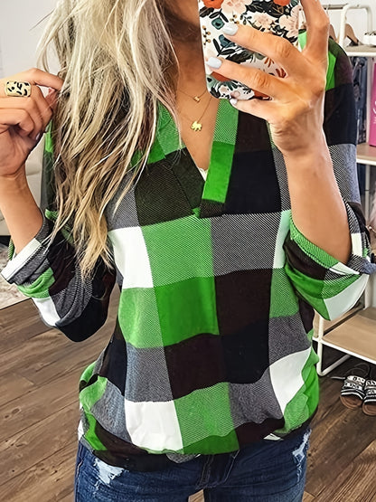 Casual Plaid Shirt, Long Sleeve V-neck Shirt,  Casual Every Day Tops, Women's Clothing