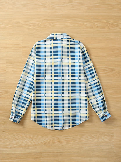 Colorful Plaid Print Shirt, Casual Long Sleeve Button Front Shirt With A Collar, Women's Clothing