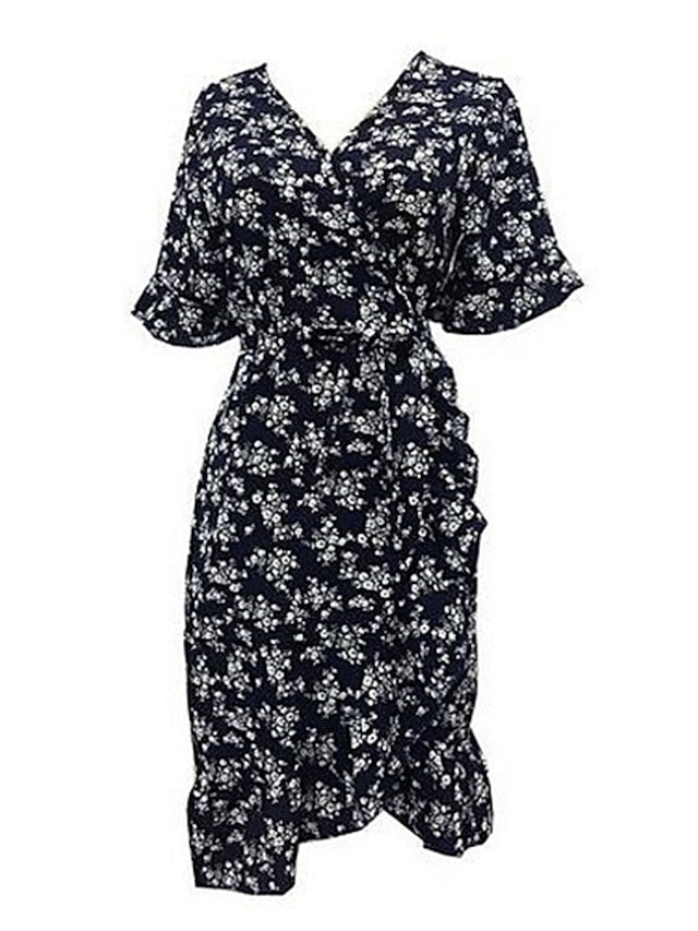Women's Emerald Green Dress Wrap Dress Mini Dress Navy Blue Green Short Sleeve Floral Ruffle Summer Spring V Neck Basic Vacation Summer Dress Spring Dress 2023 S M L XL XXL - LuckyFash™