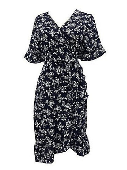 Women's Emerald Green Dress Wrap Dress Mini Dress Navy Blue Green Short Sleeve Floral Ruffle Summer Spring V Neck Basic Vacation Summer Dress Spring Dress 2023 S M L XL XXL - LuckyFash™