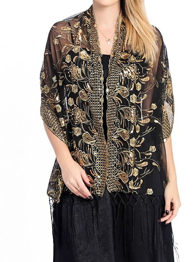 Women's Women's Shawls & Wraps Party Wedding Indoor Light Blue Black White Scarf Embroidered Flower - LuckyFash™