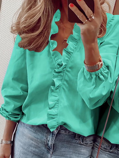 Ruffled Trim V Neck Shirt, Elegant Loose Long Sleeve Shirt, Women's Clothing