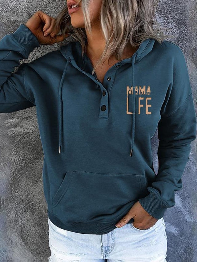 Women's Hoodie Sweatshirt Pullover Active Streetwear Button Front Pocket Blue Purple Pink Mama Life Casual Hoodie Long Sleeve S M L XL XXL - LuckyFash™