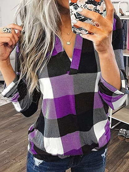 Casual Plaid Shirt, Long Sleeve V-neck Shirt,  Casual Every Day Tops, Women's Clothing