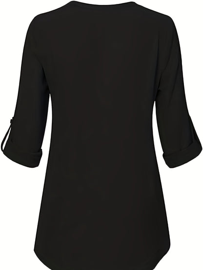 Solid Simple Blouse, Casual V Neck Long Sleeve Blouse, Women's Clothing