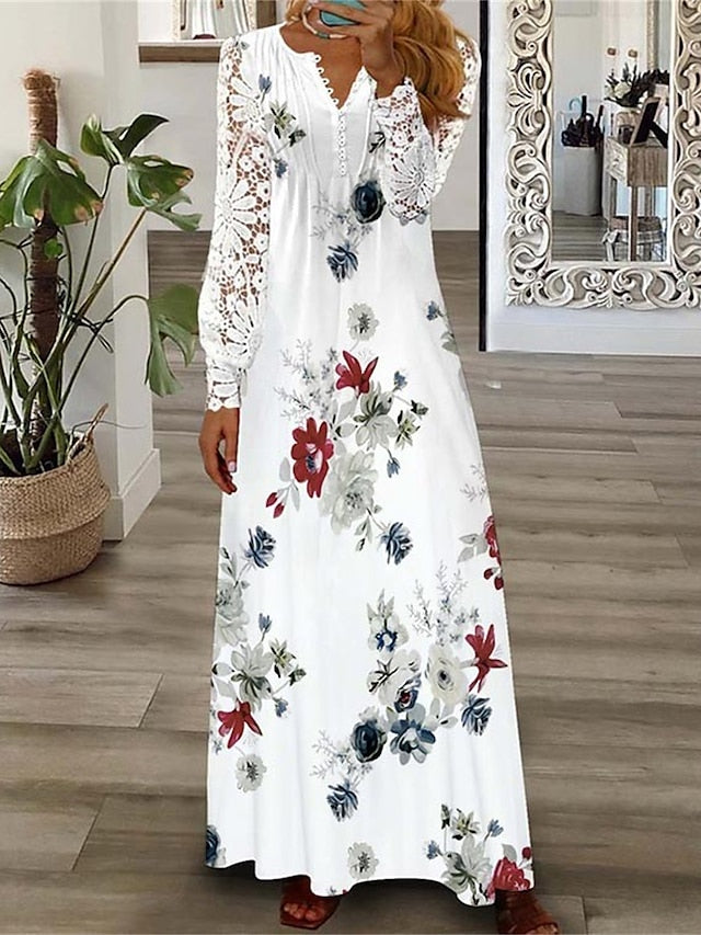 Women's Floral Butterfly Lace Dress Long Dress Maxi Dress Casual Dress A Line Dress Fashion Streetwear Outdoor Daily Going out Print Long Sleeve V Neck Dress Regular Fit Light Yellow Black White - LuckyFash™