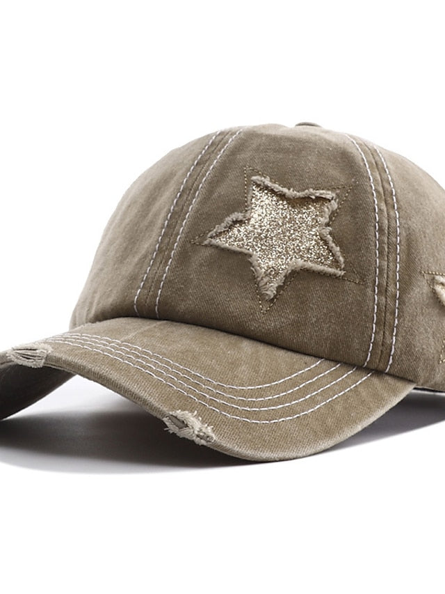 Men Washed Cotton Baseball Cap Glitter Star Embroidery Vintage Distressed Messy High Bun Ponytail Hole Trucker Hat Womens Adjustable Sun Hat - LuckyFash™