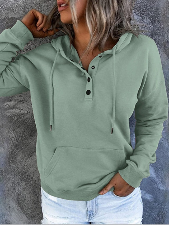 Women's Hoodie Pullover Button Up Hoodie Casual Wine Red Black Blue Solid Color Plain Casual Hooded Long Sleeve - LuckyFash™