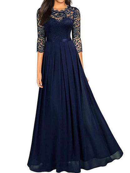 Womenâ€˜s Formal Party Dress Lace Dress Long Dress Maxi Dress Green Wine Navy Blue Black 3/4 Length Sleeve Pure Color Lace Ruched Winter Fall Crew Neck Elegant Formal Romantic 2023 S M L XL XXL - LuckyFash™