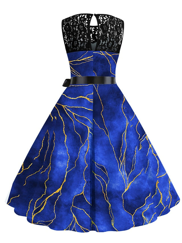 Women's Elegant Retro Lace Dress Midi Dress Outdoor Office Lace Patchwork Butterfly Crew Neck Sleeveless Regular Fit Summer Spring 2023 Navy Blue Blue S M L XL - LuckyFash™