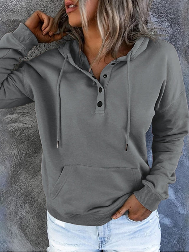 Hoodie Button Pocket Solid Colored Basic Hooded Standard Winter Wine Red Green Black Blue Pink for Women - LuckyFash™