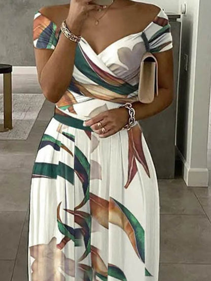 Womenâ€˜s Formal Party Dress Sheath Dress Long Dress Maxi Dress White Short Sleeve Floral Ruched Winter Fall Spring Off Shoulder Stylish Office Wedding Guest 2023 S M L XL XXL 3XL - LuckyFash™