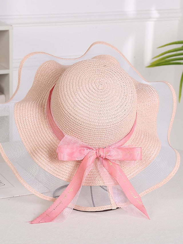 Women's Hat Straw Hat Sun Hat Pink Khaki Navy Blue Outdoor Street Dailywear Mesh Bow Ribbon bow Portable Sun Protection Comfort - LuckyFash™