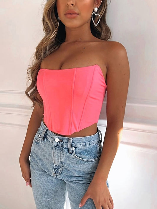Women's Bandeau Corset Black Pink Red Plain Sleeveless Holiday Weekend Streetwear Casual Strapless Crop Slim S - LuckyFash™