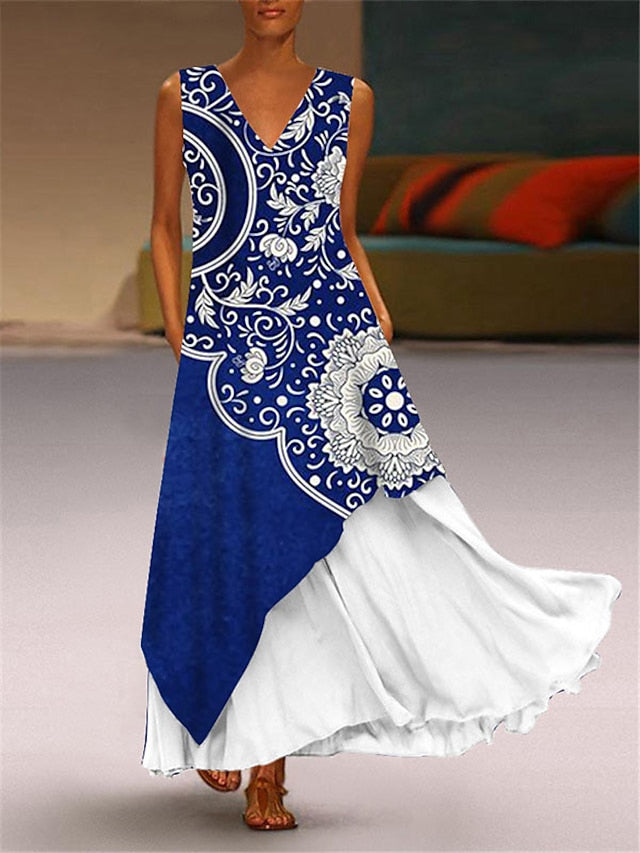 Women's Floral Shift Dress Blue Purple Pink Sleeveless Spring Summer V Neck Modern M L XL XXL XXXL 4XL 5XL - LuckyFash™