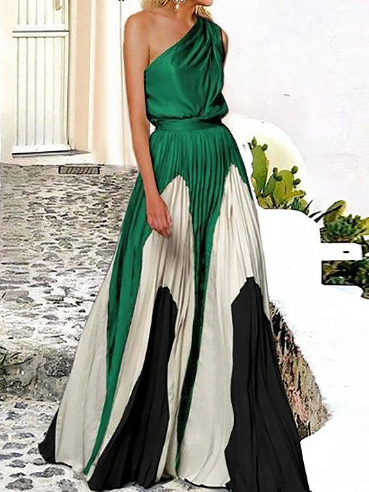 Elegant One Shoulder Colorblock A Line Prom Dress - LuckyFash™