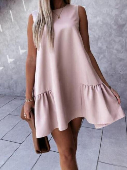 Elegant Solid Color Round Neck Ruffle Hem Mini Dress - LuckyFash™