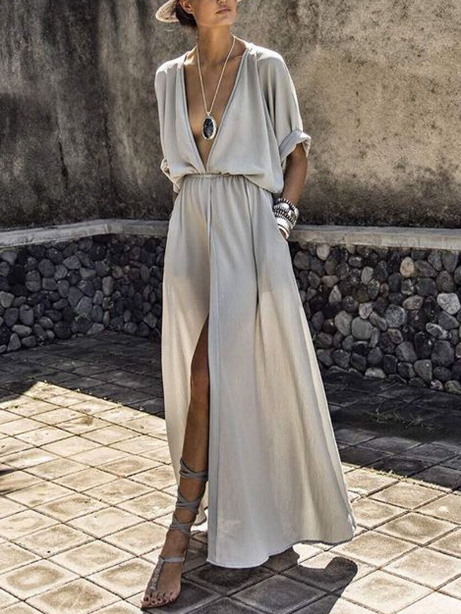 Elegant Solid Deep V Neck Split Dress - LuckyFash™