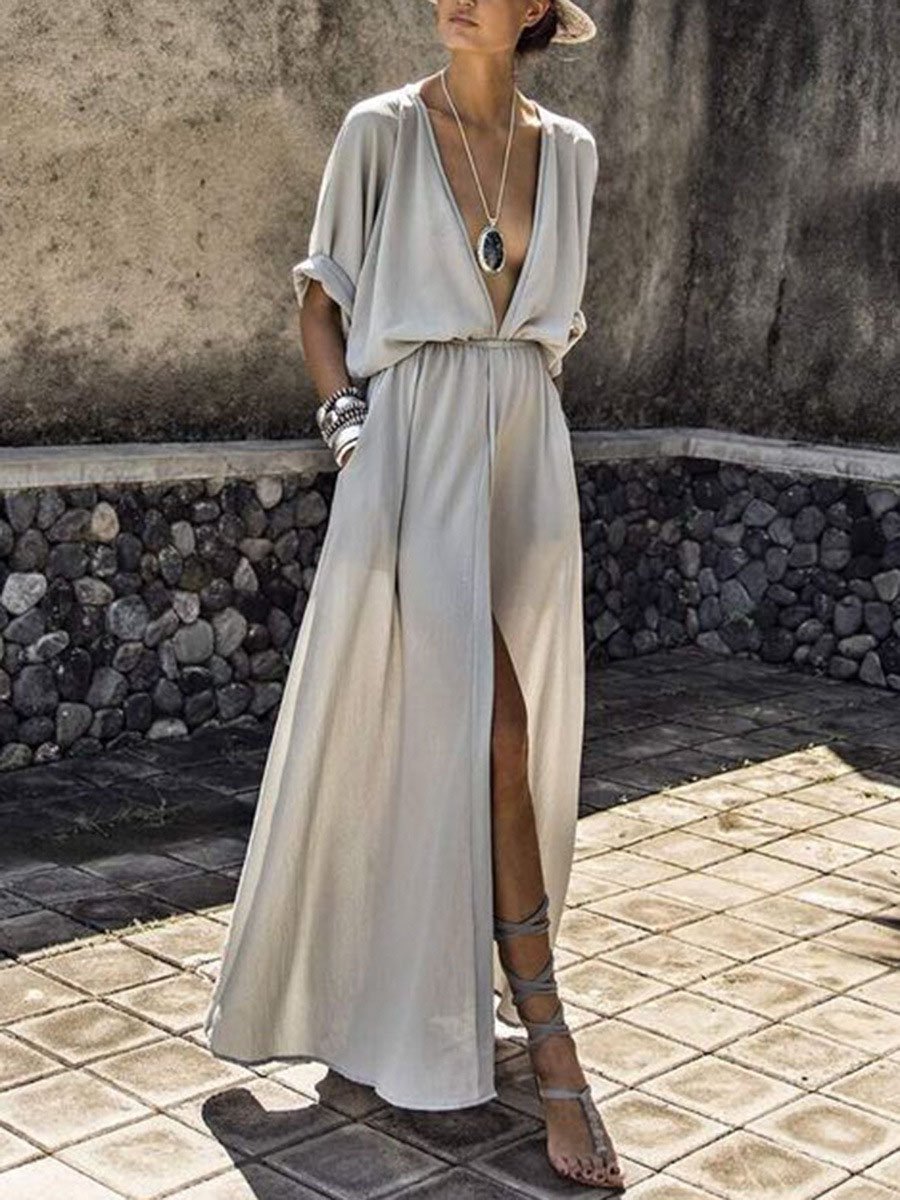 Elegant Solid Deep V Neck Split Dress - LuckyFash™