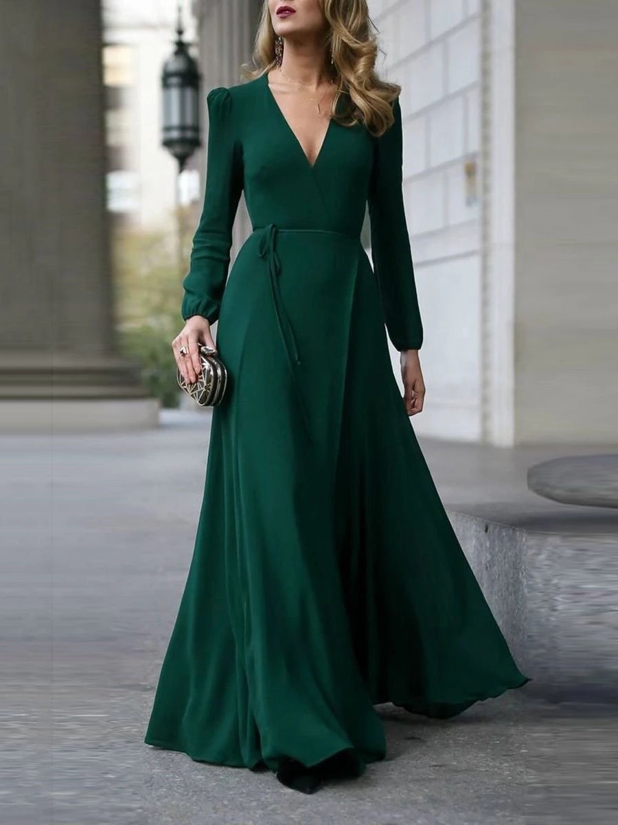 Elegant Solid V-neck Lace-up Dress - LuckyFash™