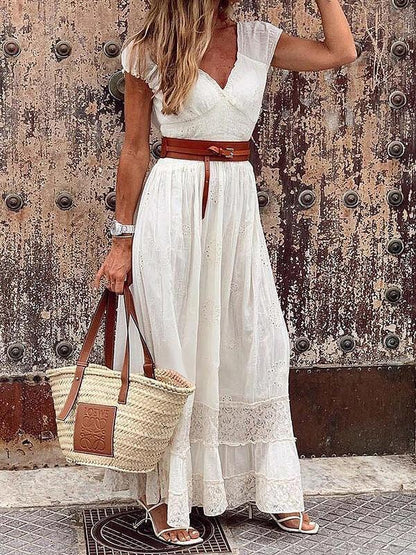Elegant V-neck Lace Stitching Belt Long Dress - LuckyFash™