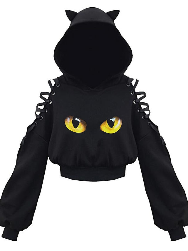 hoodie crop top cat ear hooded sweatshirt hollow out lace up sleeves(4xl,cats climbing) for Women - LuckyFash™