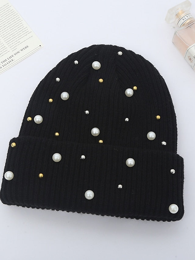 Women's Hat Beanie / Slouchy Black Blue Pink Outdoor Street Dailywear Beaded Knit Pure Color Comfort Warm Breathable - LuckyFash™