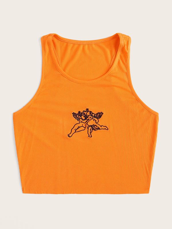 Embroidered Cherub Graphic Cropped Tank Top - LuckyFash™