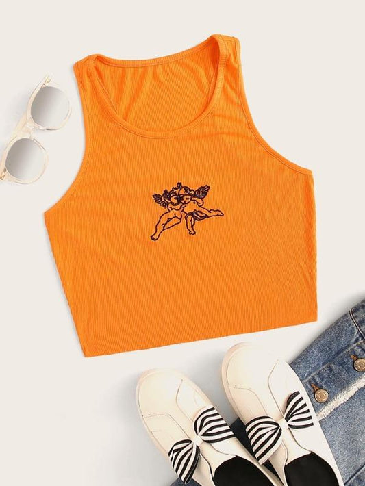 Embroidered Cherub Graphic Cropped Tank Top - LuckyFash™