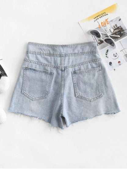 Embroidered Denim Frayed Hem Cutoff Shorts - LuckyFash™