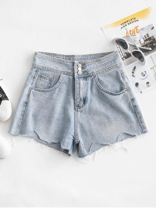 Embroidered Denim Frayed Hem Cutoff Shorts - LuckyFash™