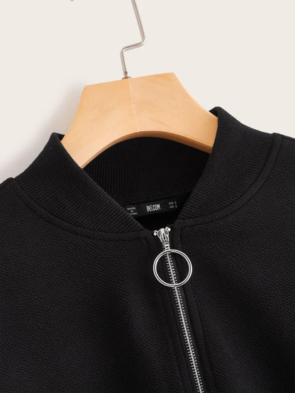 Embroidered Floral Detail O-ring Zip Up Bomber Jacket - LuckyFash™