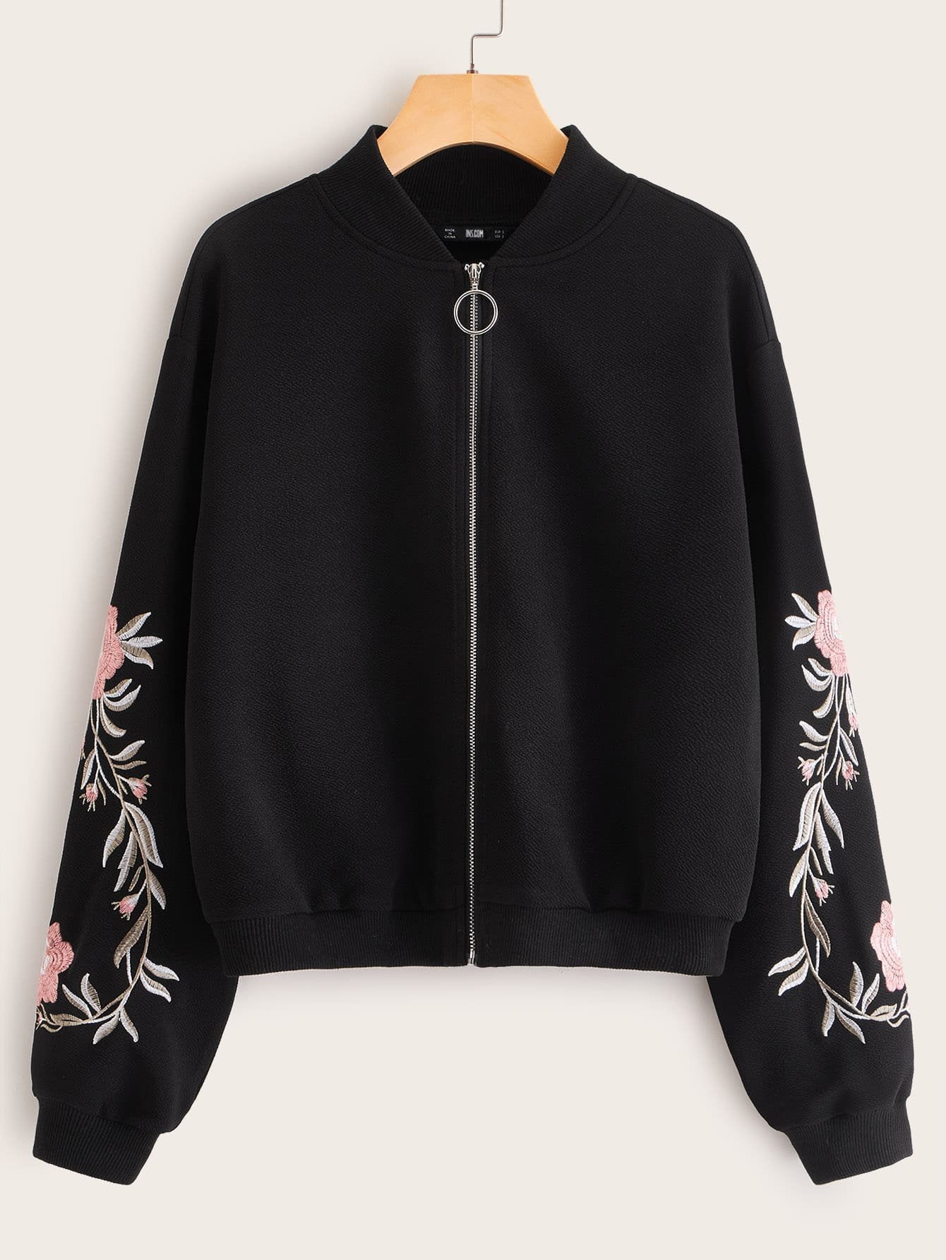 Embroidered Floral Detail O-ring Zip Up Bomber Jacket - LuckyFash™
