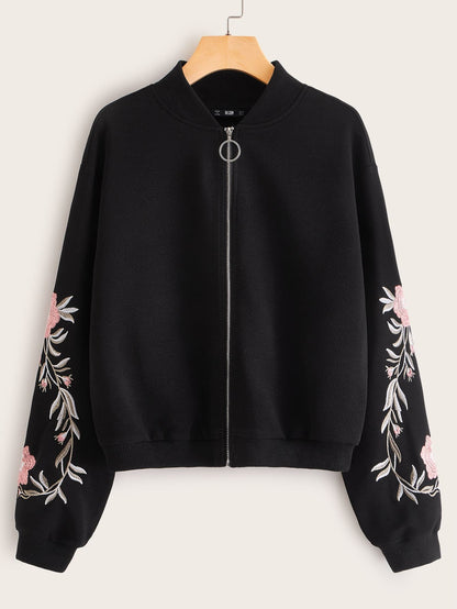 Embroidered Floral Detail O-ring Zip Up Bomber Jacket - LuckyFash™