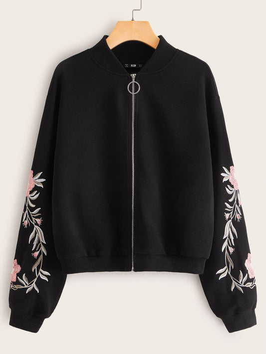 Embroidered Floral Detail O-ring Zip Up Bomber Jacket - LuckyFash™