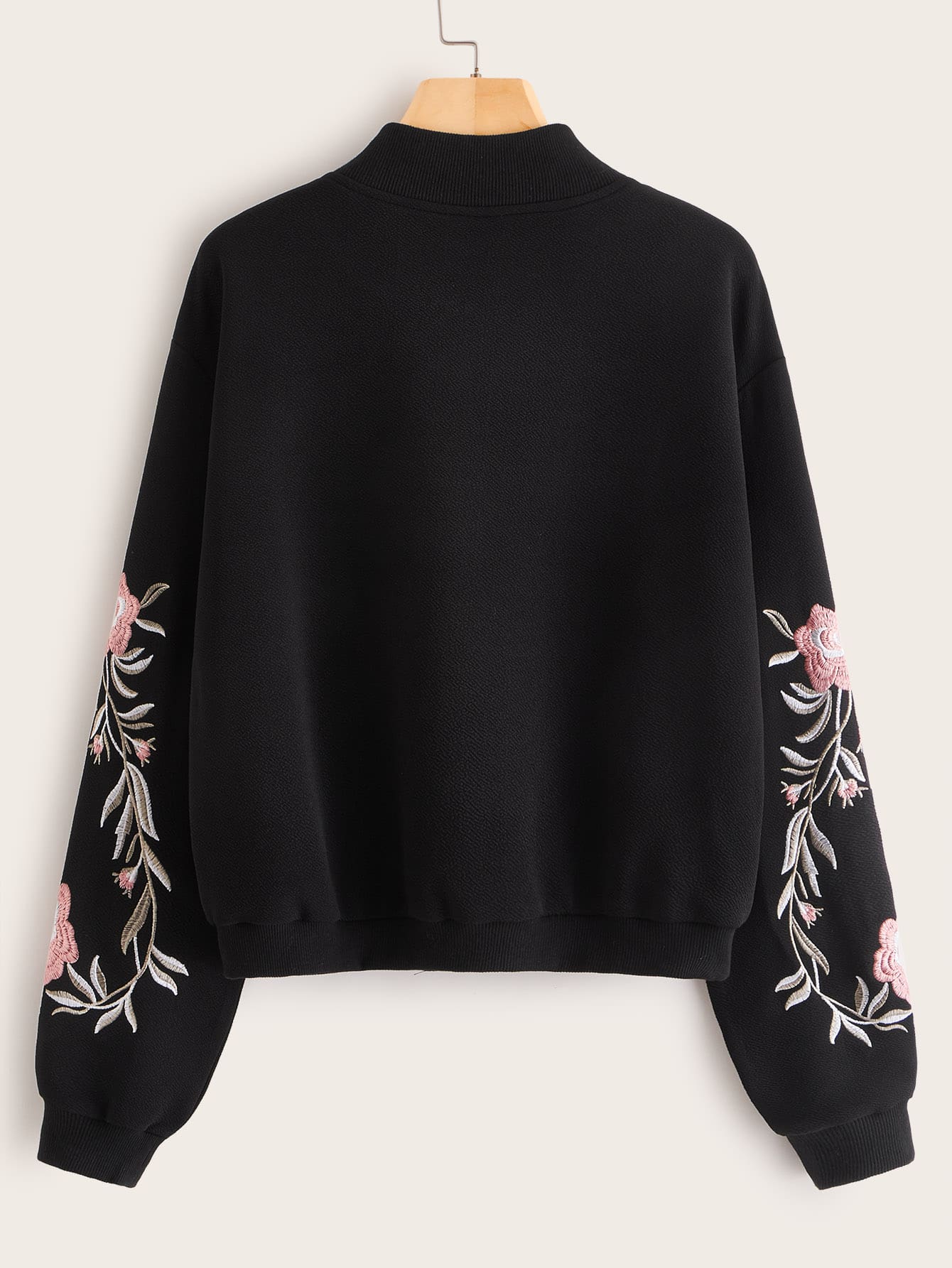 Embroidered Floral Detail O-ring Zip Up Bomber Jacket - LuckyFash™