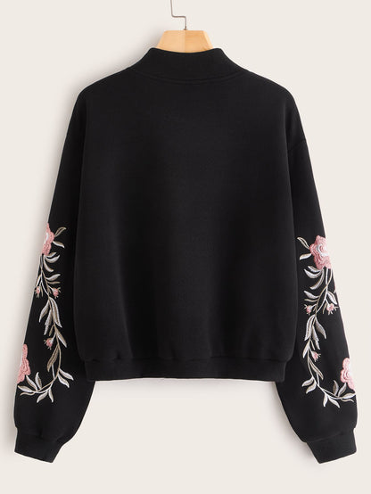 Embroidered Floral Detail O-ring Zip Up Bomber Jacket - LuckyFash™