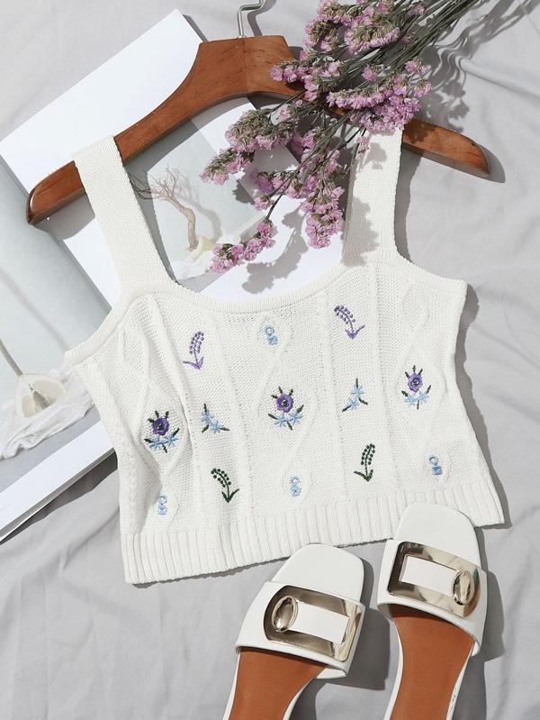 Embroidered Flower Crop Knit Cami Top - LuckyFash™