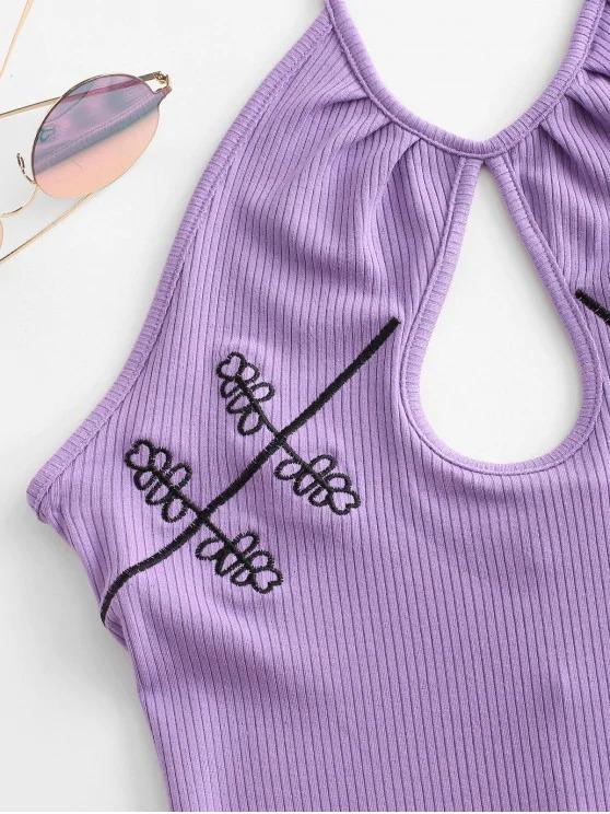 Embroidered Ribbed Keyhole Halter Dress - LuckyFash™