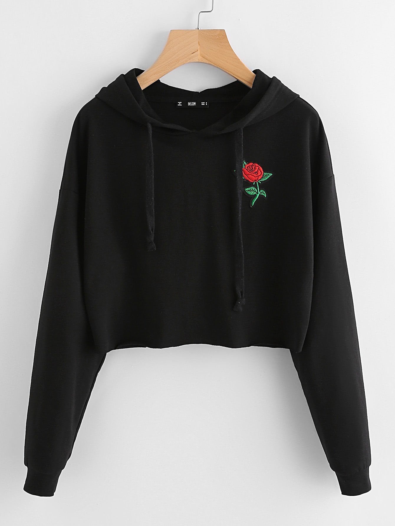 Embroidered Rose Patch Raw Hem Hoodie - LuckyFash™