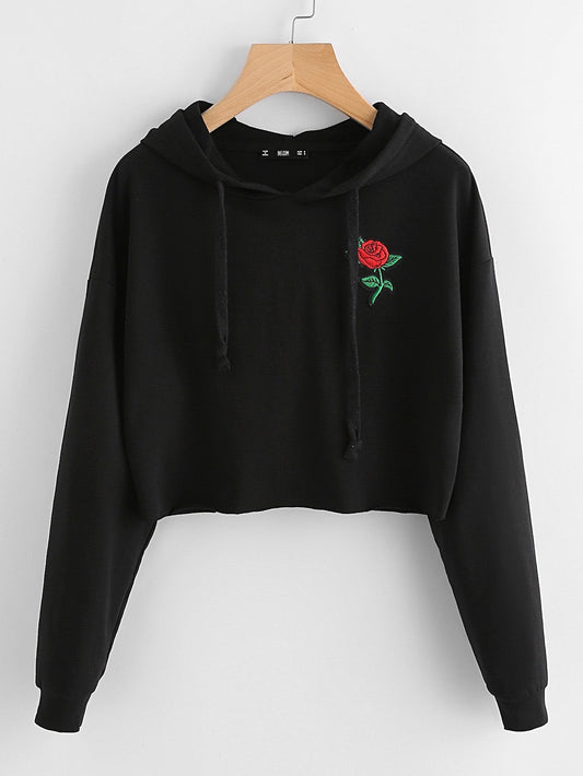 Embroidered Rose Patch Raw Hem Hoodie - LuckyFash™