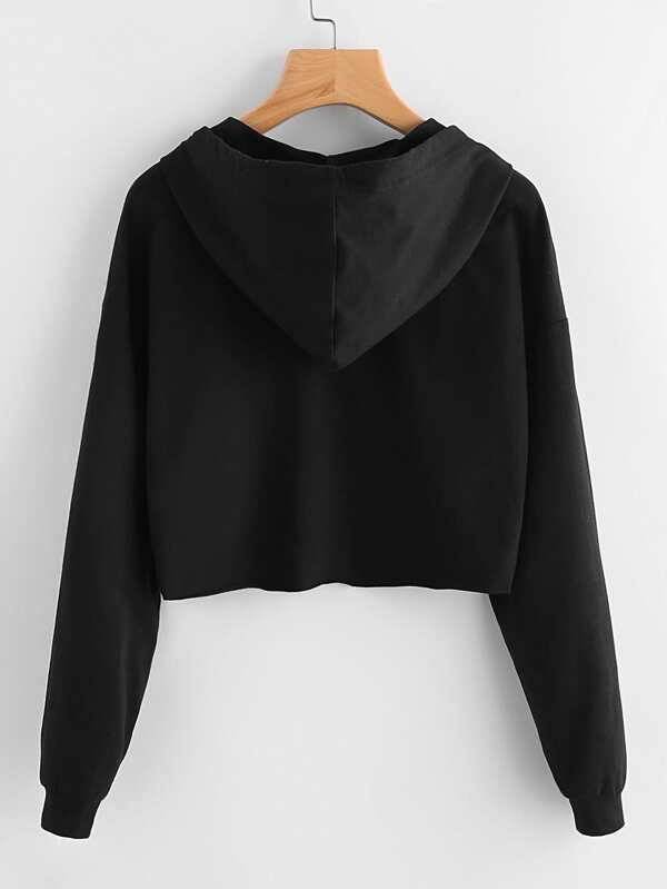 Embroidered Rose Patch Raw Hem Hoodie - LuckyFash™