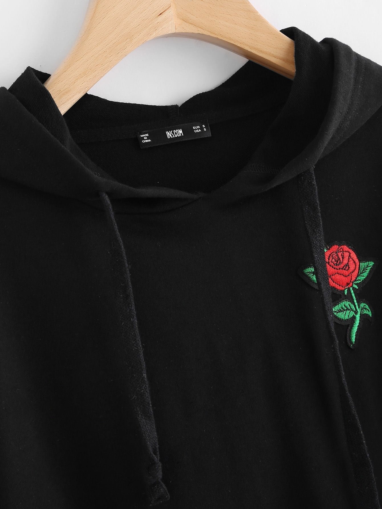 Embroidered Rose Patch Raw Hem Hoodie - LuckyFash™