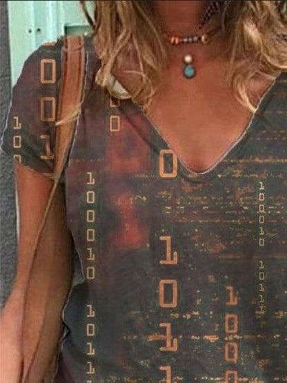 English Print Short-sleeved V-neck Casual Loose T-shirt - LuckyFash™