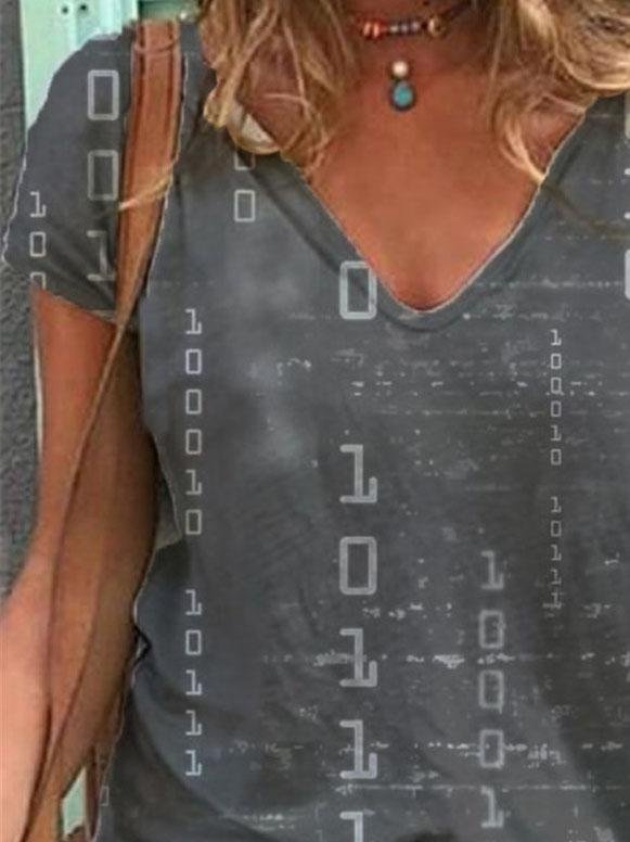 English Print Short-sleeved V-neck Casual Loose T-shirt - LuckyFash™