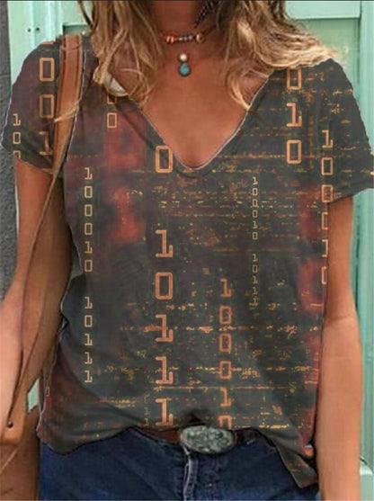 English Print Short-sleeved V-neck Casual Loose T-shirt - LuckyFash™